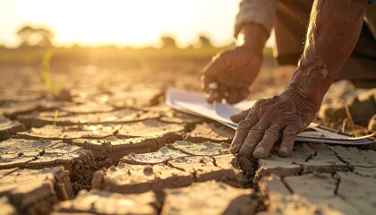 Crisis in the Drought: A pair of weathered hands traces the cracks of a parched land, with a document that may indicate a strategy to bring this critical situation back to normal.