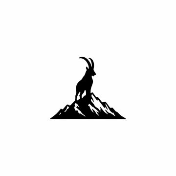Silhouette of a Goat Standing on the Top of a Mountain Logo Design. Goat And Mountain Silhouette Illustration Logo Design.