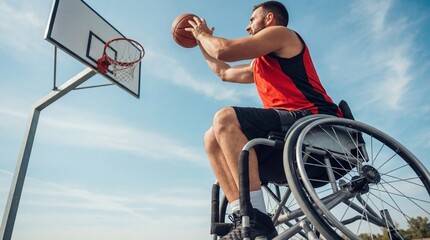 Man in wheelchair shooting basketball toward hoop on outdoor court. Wheelchair basketball player demonstrating athletic skill. Adaptive sports for disabled individuals rehabilitation and inclusion in