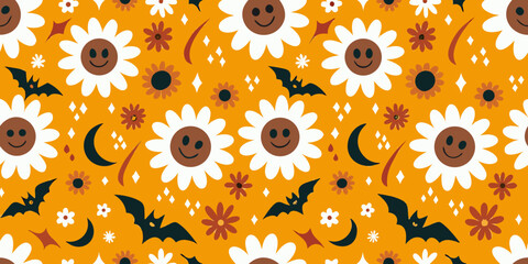 a cheerful halloween pattern with sunflowers bats moons and scattered stars