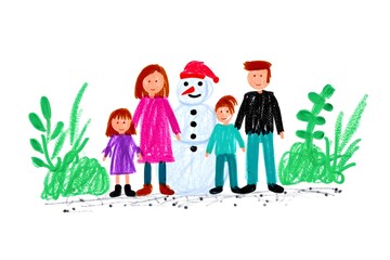 A cheerful family builds a snowman together on a bright winter day
