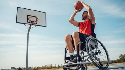 Man in wheelchair shooting basketball towards hoop. Disabled athlete demonstrating determination in wheelchair sports. Paralympic inclusion and rehabilitation concept outdoors.