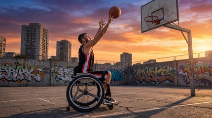Man in wheelchair shooting basketball on urban court at sunset. Wheelchair basketball athlete in action. Inspiration for paralympic sports disability rehabilitation and inclusion