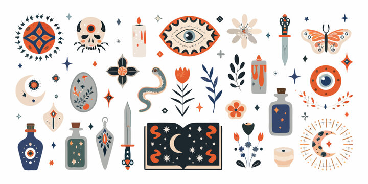 a collection of mystical and witchy elements including flowers books and celestial symbols