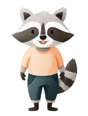 Obraz premium Raccoon illustration scandinavian character animal nursery shirt pant happy art style. Friendly mammal wearing peach clothing with blue trouser. Simple woodland creature design for child