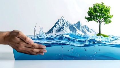 Protecting the Earth: An image featuring a hand cradling a miniature island scene with a mountain, tree, and wind turbines. The artwork symbolizes the protection and care of environment.