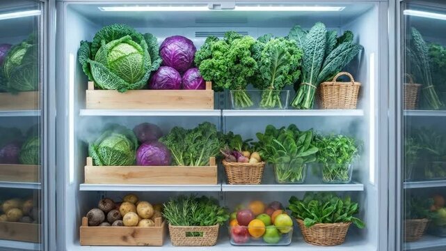 Open refrigerator filled with organized fresh vegetables and fruits