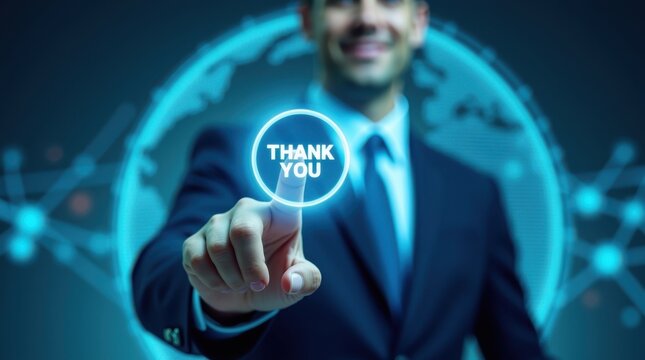 Businessman finger touches thank you button on futuristic digital interface - Powered by Adobe