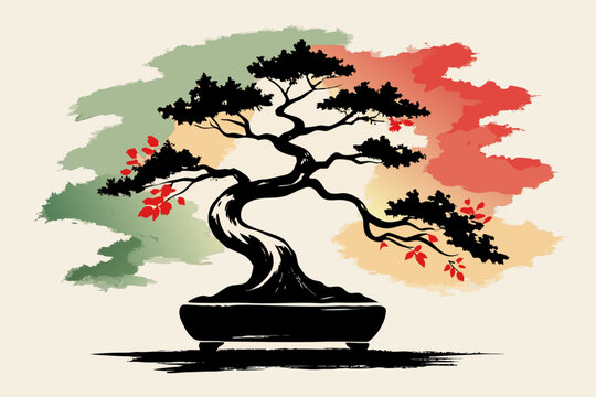 Hand-drawn ink wash illustration, bonsai. Japanese. Sumi-e. Japanese style.