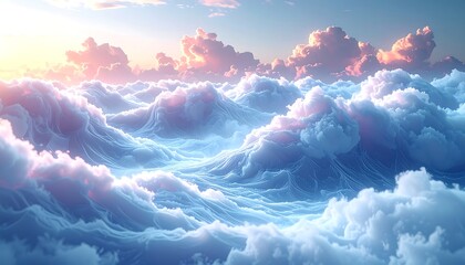 A serene digital artwork depicting a dreamy ocean wave landscape at sunset
