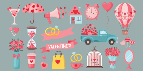 Flat vector illustration of Valentine&rsquo;s Day icons, love symbols, hearts, gifts, celebration, romance, emotion, affection, holiday, colorful design