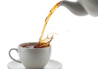 Dynamic, deep amber black tea stream pouring from a glossy white ceramic teapot spout into a matching teacup, frozen mid-air on a transparent background, concept for luxury beverage advertising