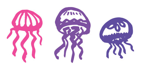 Set of hand drawn jellyfish doodle Sea animal illustration Cute marine underwater creature Medusa sketch clipart Single element for web, design, decor, children's print © Daria Shane