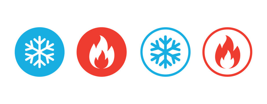 Hot and Cold Icon Fire and Snowflake Sign Heating and Cooling Button Featuring Temperature Control Symbols, Thermostat and Air Conditioning UI Symbol Vector.