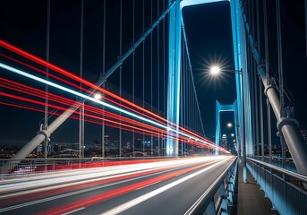 Obraz premium Dynamic Long Exposure of Futuristic Suspension Bridge with Car Light Trails at Night | Urban Transportation, Modern Infrastructure, Cityscape Movement