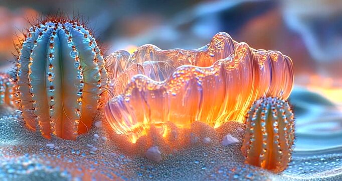 Colorful underwater scene with glowing jellyfish and cacti