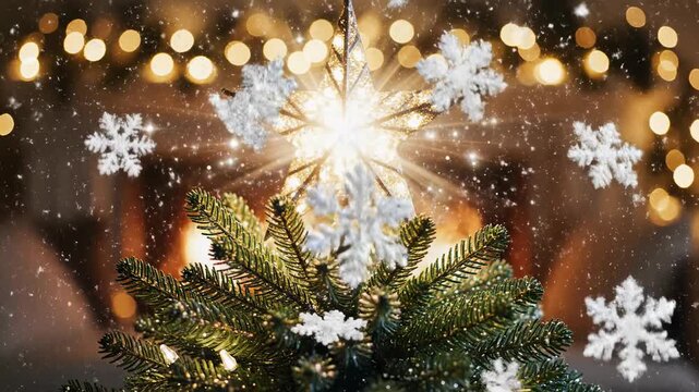 Sparkling Holiday Cheer: The image captures a festive scene of a decorated christmas tree with shimmering snowflakes, with blurred lights in the backdrop creating a warm, cozy atmosphere. 