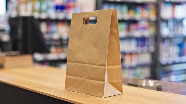 A brown paper bag with a handle stands on a wooden counter, blurred shelves in the background