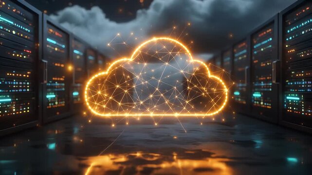 Digital cloud computing network data center abstract glowing neon technology