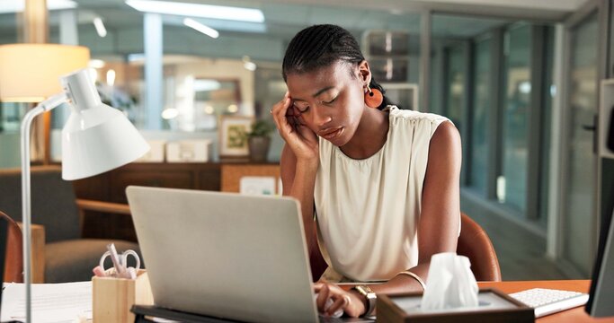 Laptop, business woman and headache in office from article stress, deadline pressure and burnout. Journalist, black person and tension migraine at media agency from submission mistake and brain fog