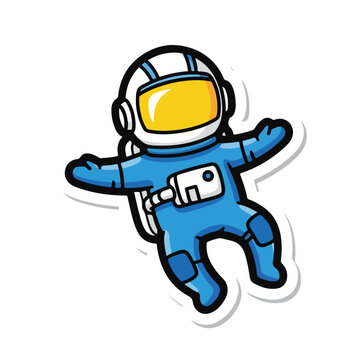 A cartoon astronaut in a blue suit floats