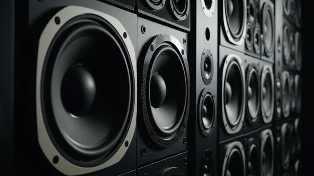 Close-up view of sleek audio equipment featuring multiple speakers in a dark setting