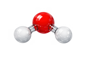 Water molecule model displaying one red oxygen atom bonded with two white hydrogen atoms. Transparent background