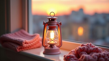 Fototapeta premium Cozy lantern and knitted blanket on windowsill at sunset