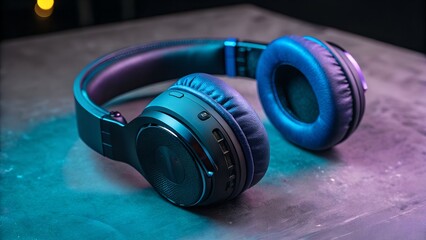 High quality headphones on a dark surface with neon lighting effects