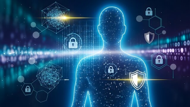 A futuristic digital representation of a human silhouette surrounded by data streams, binary codes, and glowing lock icons, symbolizing AI data privacy, biometric security, and personal information pr