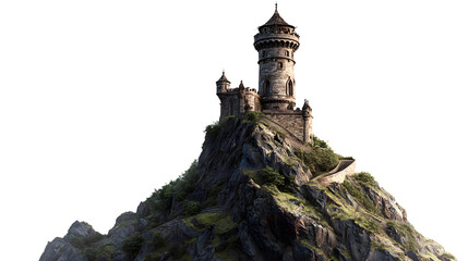Ancient stone fortress tower perched precariously atop a rugged, steep mountain peak surrounded by dark wilderness suggesting fantasy adventure or historic isolation.