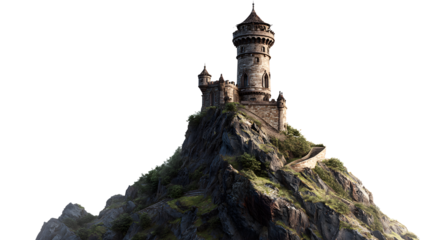 Ancient stone fortress tower perched precariously atop a rugged, steep mountain peak surrounded by dark wilderness suggesting fantasy adventure or historic isolation.