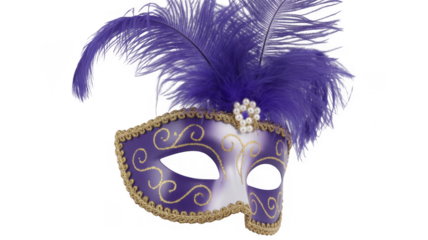 Purple masquerade mask with feathers and pearls on black isolated on a transparent background
