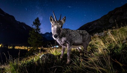 A wild ungulate stands on a grassy hillside under a starry night sky, mountains in the distance