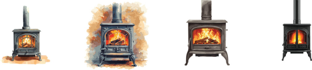 Watercolor set cast iron fireplace stove with a bright burning fire. Isolated on white background