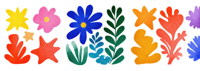 Colorful, abstract collection of floral and botanical shapes, with watercolor-like textures