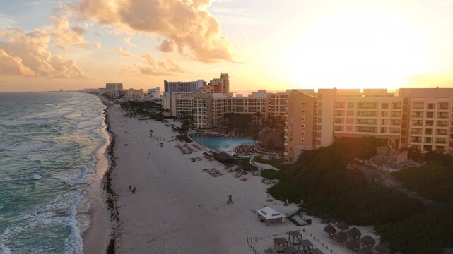 Sunset drone shot over Cancun, zona hotelera