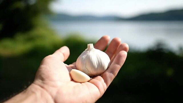 A close-up shot features a human hand gently holding a fresh, unpeeled head of garlic alongside a single peeled clove, set against a beautifully blurred natural background of lush green foliage and a 