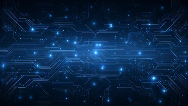 Abstract blue circuit board design with glowing lights.