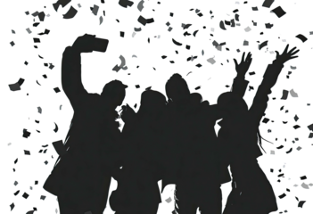 Silhouetted friends celebrating under falling confetti, posing for a photo