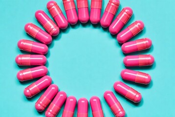Obraz premium Colorful Pills and Capsules: Modern Pharmaceutical Design on Cyan Background for Wellness and Healthcare Promotion