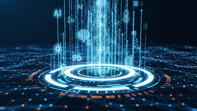 Futuristic digital landscape with glowing blue circuit rings and data streams flowing into a central hub representing technology and innovation