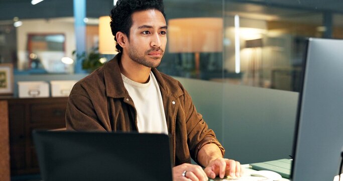 Computer, businessman or typing in office, reading policy or verify application for insurance agency. Investigate claim, writing risk report or manager with screening for new clients, pc or audit