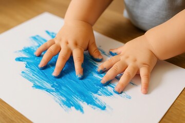 Infant Artistry: An infant's hands, smudged with cerulean paint, create a vibrant abstract masterpiece, symbolizing the uninhibited freedom of creative expression.