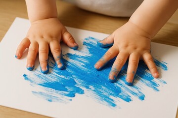 Infant Artistry: An infant's hands, stained with cerulean hues, leave their unique marks on a crisp, immaculate canvas, expressing early creativity.