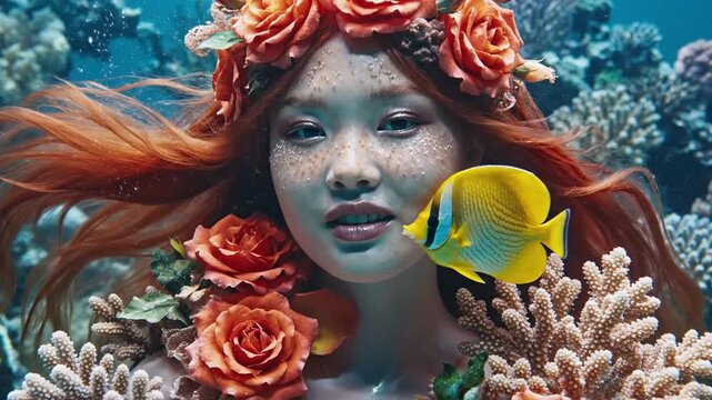 Stunning cinematic portrait of a freckled ginger model with vibrant red hair decorated with intricate coral flowers and orange botanical ornaments in a slow-motion artistic aesthetic shot.