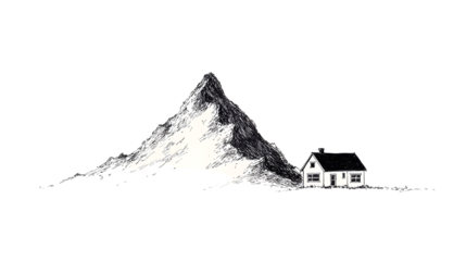 Stylized black and white illustration depicting a solitary small house nestled beside a majestic snow-capped mountain peak in a minimalist landscape drawing.