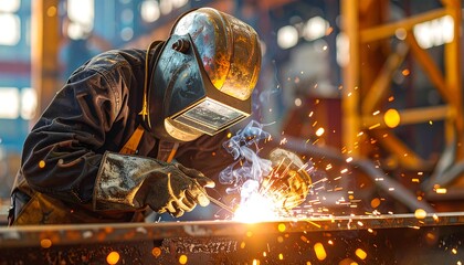 A worker in protective gear welds metal, sparks flying, inside an industrial setting, with a bright orange glow