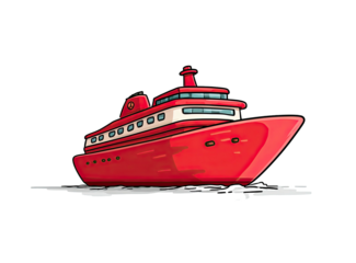 A stylized cartoon illustration of a red cruise ship, isolated against a black background