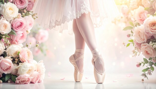 장미 꽃 사이에서 포앵트 자세를 취한 발레리나의 토슈즈 Ballerina en pointe in soft pink pointe shoes framed by blooming roses